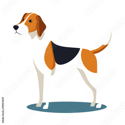 cartoon foxhound dog stands on smooth surface distinctive coat, black white tan