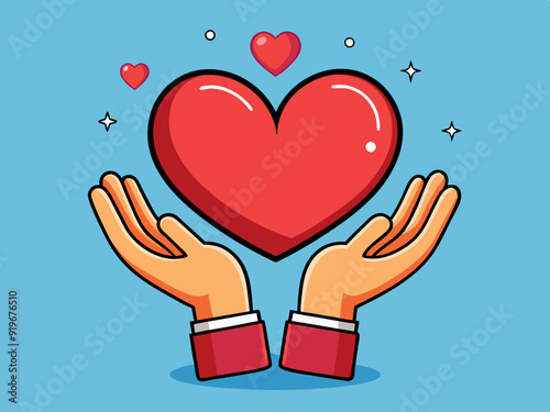 Cartoon hands with heart. Red heart in expression hands, gesture poses showing and holding love heart shape. Romance concept with palm and fingers for Valentines Day vector set
