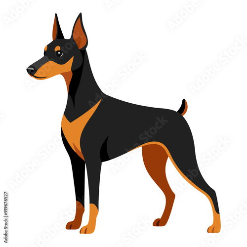 cartoon German Pinscher standing proudly, sleek coat, strong physique, black and tan