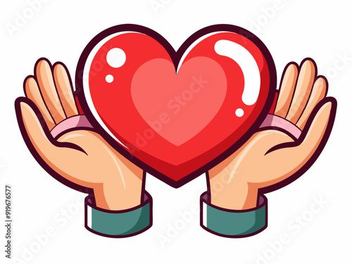 Cartoon hands with heart. Red heart in expression hands, gesture poses showing and holding love heart shape. Romance concept with palm and fingers for Valentines Day vector set
