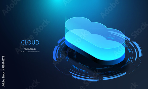 Cloud storage data transmission in isometric background. Downloading cloud application. Network secure technologies. Futuristic service center. Digital space. Data computing system. Vector.