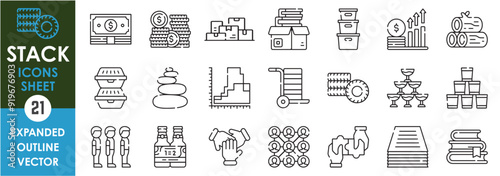 A set of line icons related to Stack. Bundle, group, queue, goods, money, beer, wood, timber, stones, graph, puzzle, and so on. Vector outline icons set. photo