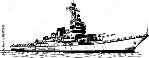 A large battleship is sailing in the ocean