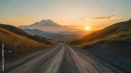 A winding dirt road leads through a mountain valley towards a snowy peak, with the sun setting behind a cloud in the distance.