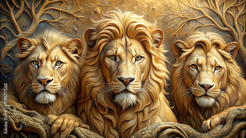 Beautiful lions 3d relief wallpaper. Mural wallpaper. Wall art. AI generated illustration.