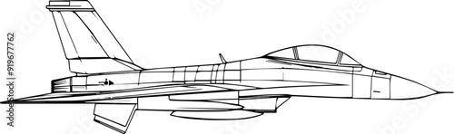 A black and white drawing of a fighter jet