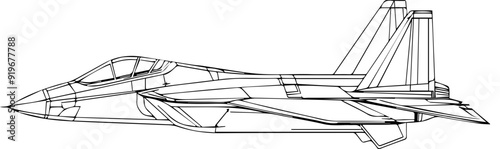 A black and white drawing of a fighter jet