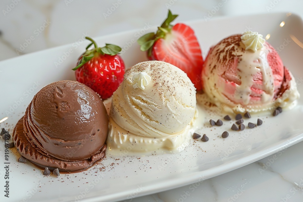 Vanilla, strawberry, and chocolate ice cream in a trio, Generative AI. Vanilla, strawberry, and chocolate ice cream in a trio, Generative AI.