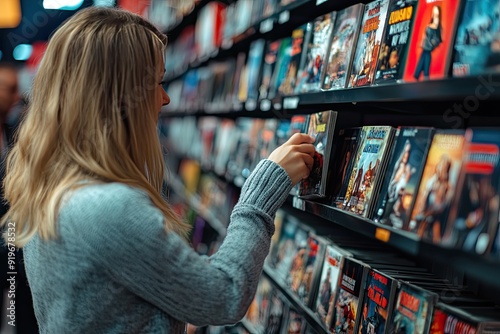 Wallpaper Mural Sideways close-up hand customer woman wears casual clothes selecting a movie at a video rental shop.  Torontodigital.ca
