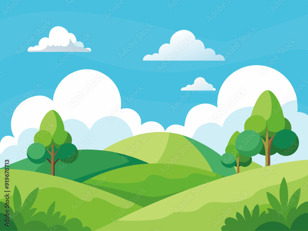 Cartoon landscape with white clouds on sky. Background with cloud and beautiful field, summer green country hill, meadow scene, spring nature land. Vector illustration
