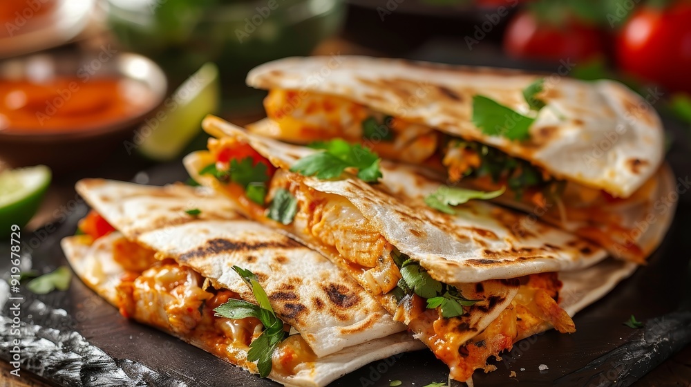 A close-up of a stack of three chicken quesadillas with cilantro and salsa, symbolizing Mexican cuisine, comfort food, grilled cheese, cheesy goodness, and appetizer A close-up of a stack of three chicken quesadillas with cilantro and salsa, symbolizing Mexican cuisine, comfort food, grilled cheese, cheesy goodness, and appetizer