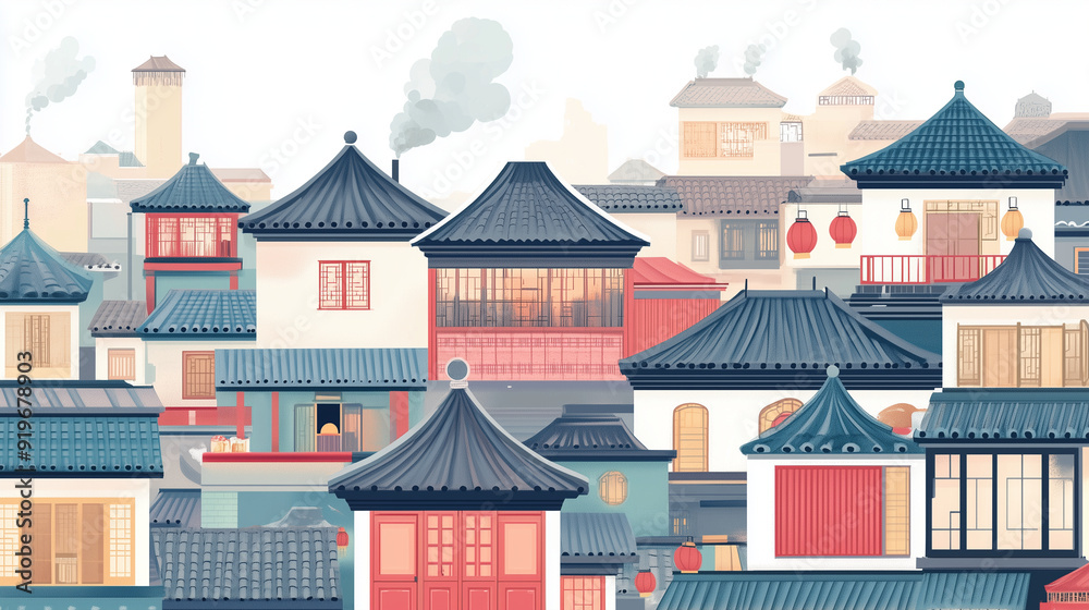 A historic town with traditional Asian houses, featuring ancient architectural details, Japan, China, Thailand and nature A historic town with traditional Asian houses, featuring ancient architectural details, Japan, China, Thailand and nature