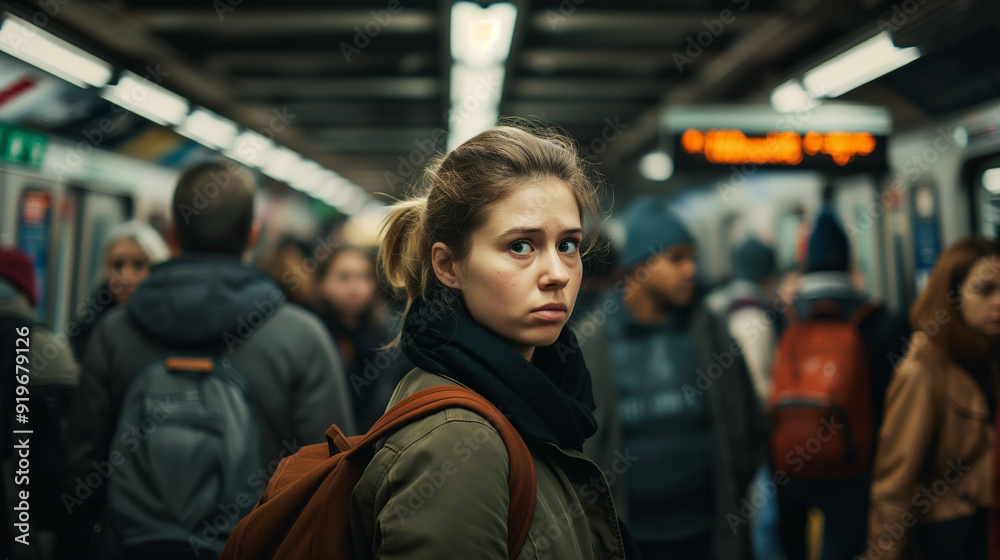 A young woman’s anxious expression in a crowded subway station highlights the challenges of living with anxiety and navigating the relentless pace of city life. A young woman’s anxious expression in a crowded subway station highlights the challenges of living with anxiety and navigating the relentless pace of city life.