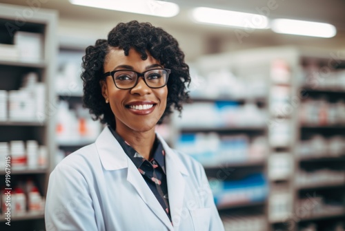 Smiling portrait of a middle aged female pharmacy worker