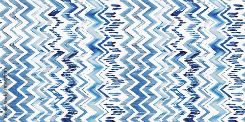 Summery ikat zig zag border pattern in painterly brushstroke digital design. Modern coastal living printed textile decor in seamless banner tape template. photo