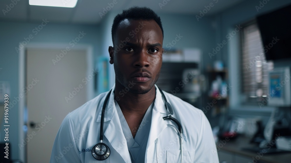 A doctor in a white coat with a stethoscope looks directly at the camera with a serious expression. He is in an examination room, conveying a sense of professionalism and dedication to patient care. A doctor in a white coat with a stethoscope looks directly at the camera with a serious expression. He is in an examination room, conveying a sense of professionalism and dedication to patient care.