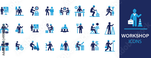 Workshop icon set. Containing team building, collaboration, teamwork, coaching, problem-solving, solid, productivity and education icons