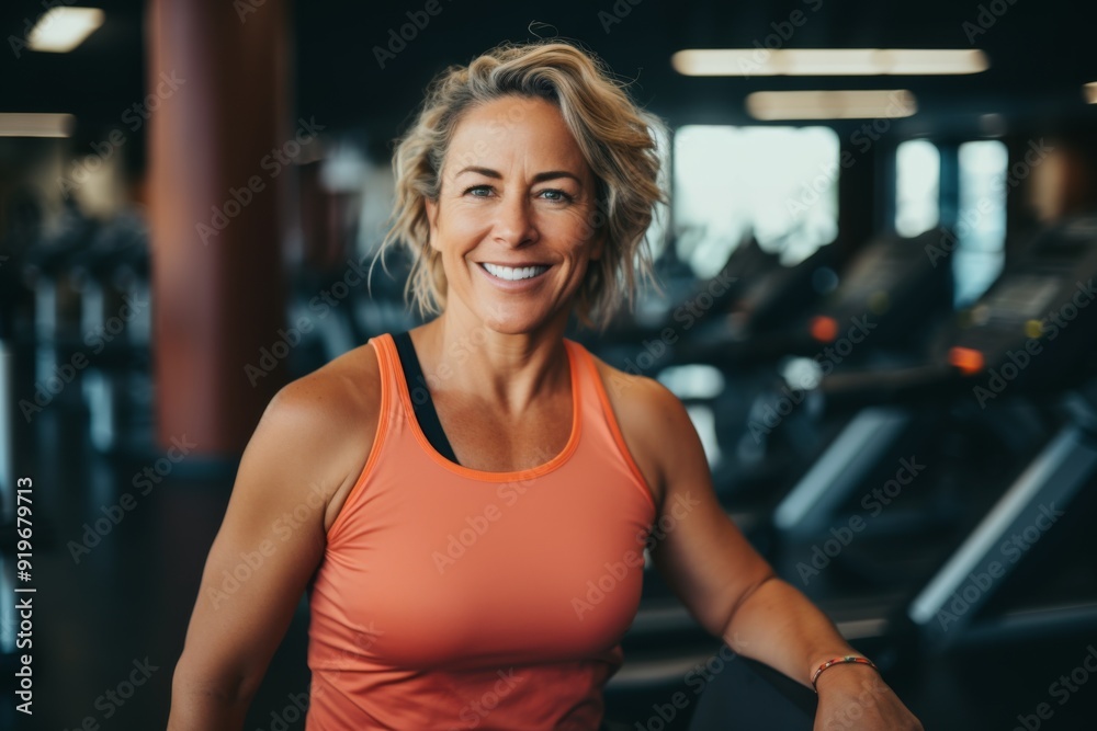 Obraz premium Smiling portrait of a slightly overweight middle aged woman in gym