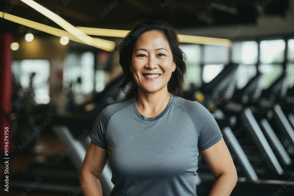 Smiling portrait of a slightly overweight middle aged woman in gym Smiling portrait of a slightly overweight middle aged woman in gym