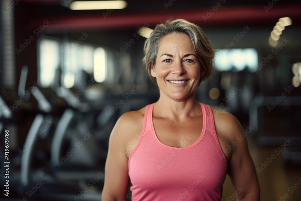 Smiling portrait of a slightly overweight middle aged woman in gym Smiling portrait of a slightly overweight middle aged woman in gym