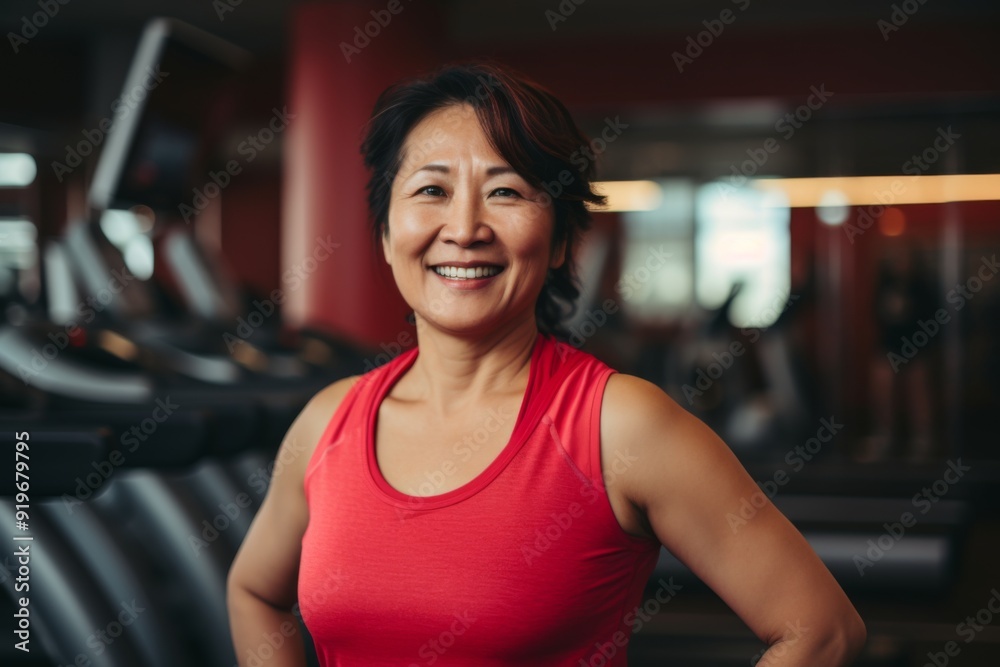 Fototapeta premium Smiling portrait of a slightly overweight middle aged woman in gym