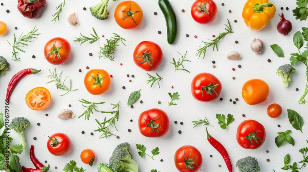 A flat lay showcasing a variety of fresh vegetables and herbs, including tomatoes, peppers, garlic, rosemary, and basil, symbolizing healthy eating, vibrant flavors, and natural ingredients.