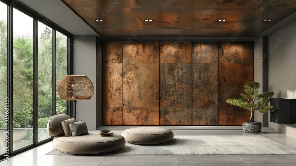 Modern Living Room Interior with Rusted Metal Wall Modern Living Room Interior with Rusted Metal Wall