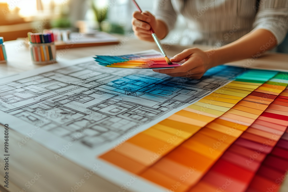 An interior designer is working on a color palette and design concept ...