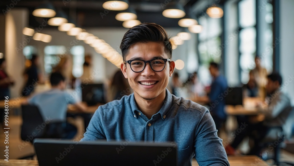 Obraz premium Young entrepreneur working happily in a busy coworking space