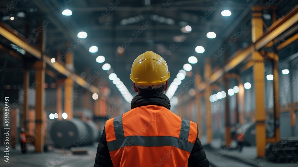 A lone worker in a safety vest and hard hat walks down a factory aisle, symbolizing hard work, industrial production, safety, and the manufacturing process. A lone worker in a safety vest and hard hat walks down a factory aisle, symbolizing hard work, industrial production, safety, and the manufacturing process.