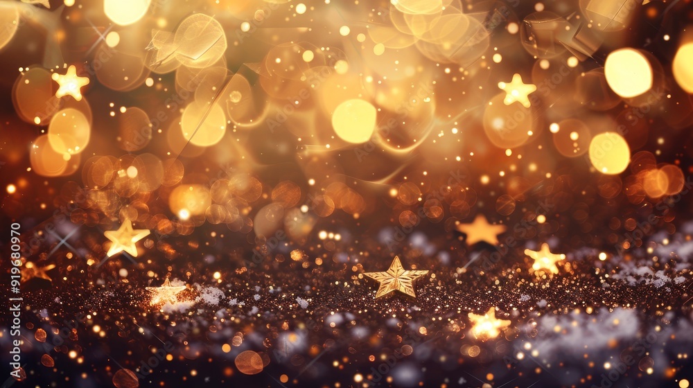 A magical holiday background with golden bokeh lights, twinkling stars, and a touch of snow representing celebration, joy, hope, magic, and festive cheer. A magical holiday background with golden bokeh lights, twinkling stars, and a touch of snow representing celebration, joy, hope, magic, and festive cheer.