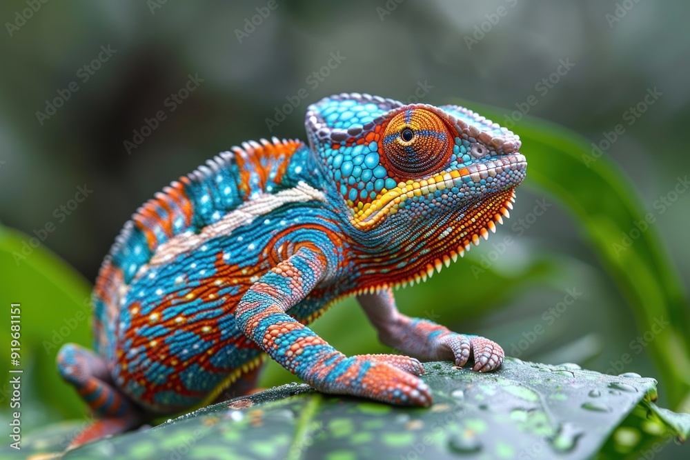 A chameleon with blue, orange, and yellow scales rests on a green leaf in a tropical rainforest A chameleon with blue, orange, and yellow scales rests on a green leaf in a tropical rainforest