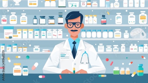 A pharmacist in a white coat stands in front of shelves stocked with various medications, representing healthcare, medicine, pharmacy, prescription, and wellness.