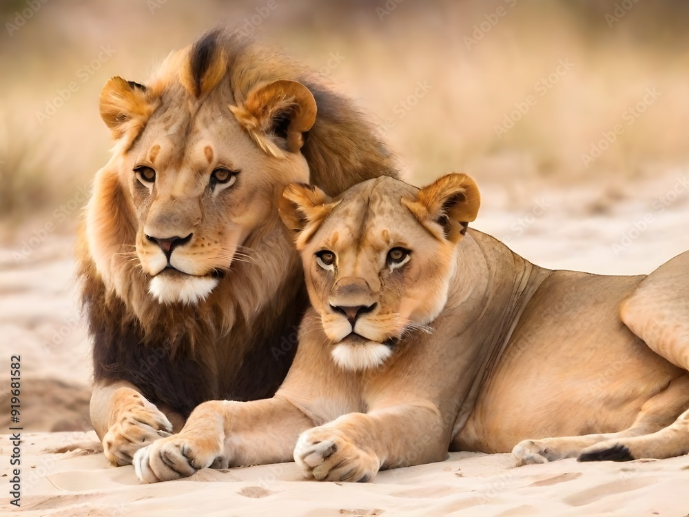 Fototapeta premium photo beautiful african male lion in jungle Generative AI