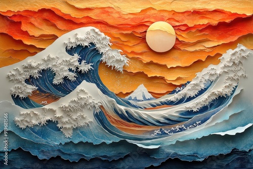 modern ukiyoe inspired seascape dynamic orange and blue waves crash against stark white foam textured paper background adds depth blending traditional and contemporary japanese aesthetics photo