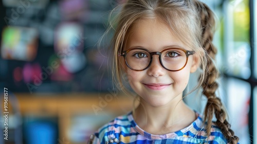 A young girl with blonde hair and glasses smiles sweetly at the camera. She is wearing a blue and pink dress.