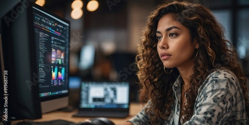 Young Latina Designer Working on a Desktop Computer in Creative Office. Beautiful Diverse Multiethnic Female is Developing a New App Design and User Interface in a Digital Graphics Editing Software