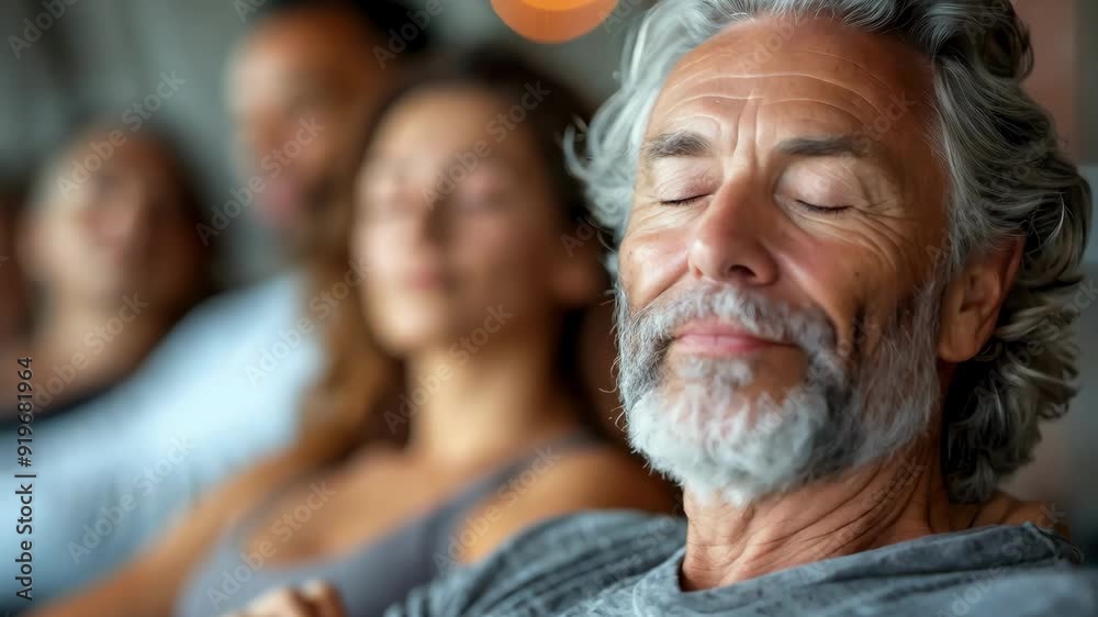 close-up video of a serene elderly man with a gray beard meditating with his eyes closed, surrounded by a group of people in a blurred background. The scene captures the calm and peaceful atmosphere close-up video of a serene elderly man with a gray beard meditating with his eyes closed, surrounded by a group of people in a blurred background. The scene captures the calm and peaceful atmosphere