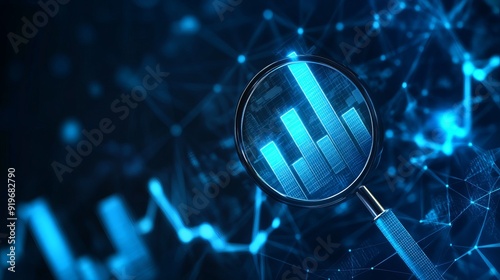 Illustration of data analysis financial analysis and business analysis concepts Abstract design featuring a magnifying glass growing bar graph and upward arrow in a blue lowpoly