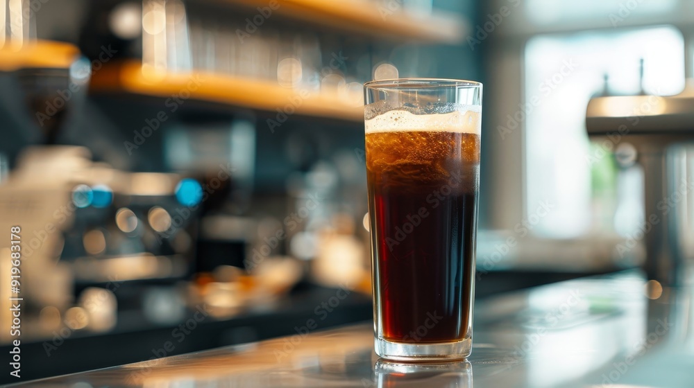 A tall glass of dark, refreshing beverage with ice and foam on a bar counter, showcasing the classic bar setting and the enticing drink.