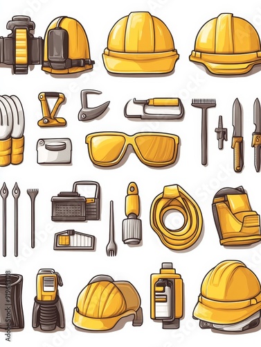 Cartoon Illustration of Construction Safety Gear and Tools