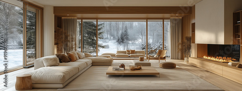 modern interior of Scandinavian living room with sofa, fireplace and kitchen in wooden house. white walls, light gray sofas, black wood beams on ceiling. panoramic window view to winter landscape.