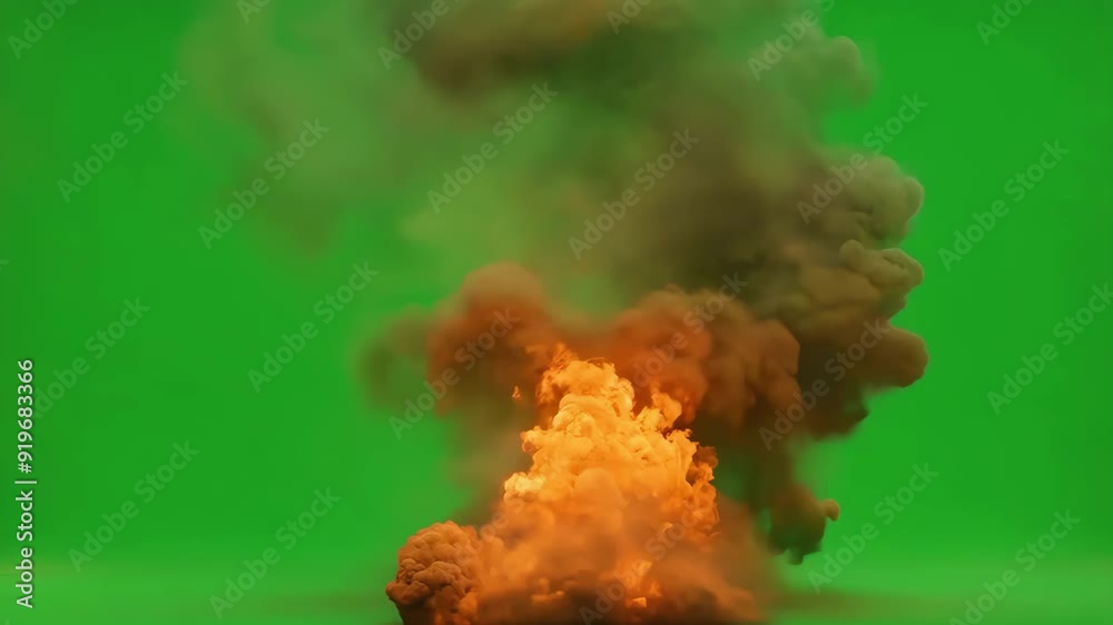 A dynamic video showing a dense, orange explosion of smoke against a green screen background. The vibrant contrast is ideal for visual effects, enabling easy isolation 