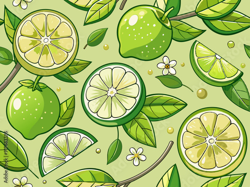 Cartoon limes. Sour lime slices, blossom and leaves on branches. Green citrus fruit seamless texture patterns vector illustration set. Juicy ingredient for drink, lemonade or mojito
