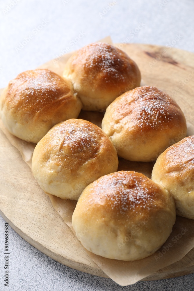 Delicious dough balls on grey table, closeup Delicious dough balls on grey table, closeup