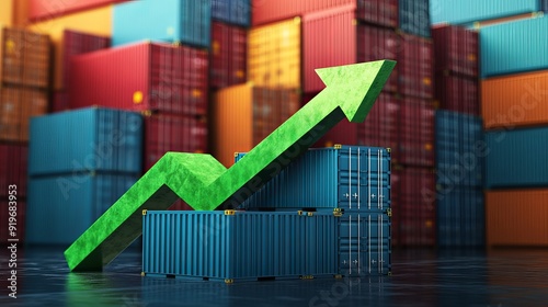 Shipping containers with an upward green arrow indicating increased transportation volumes income growth rising imports and exports and economic development