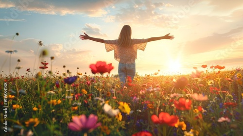 A woman stands in a field of colorful wildflowers, arms outstretched, symbolizing freedom, joy,  and the beauty of nature. The setting sun casts a warm glow on the scene, representing hope and new beg