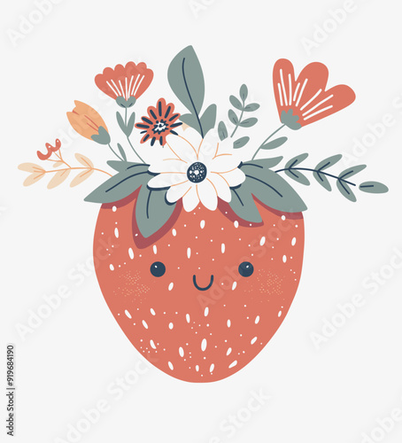 happy strawberry with flowers on its head, cartoon doodle illustration isolated on white background