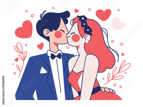 vector flat illustration of a married couple kissing, love theme, in red and blue colors, UX design