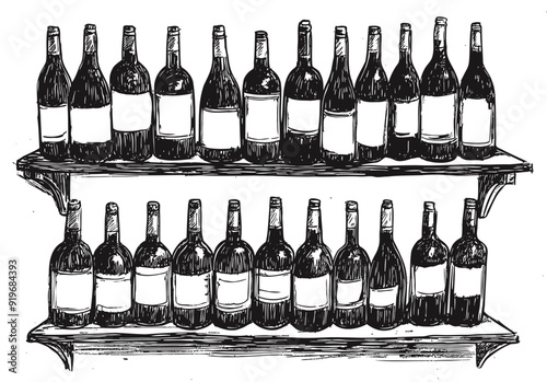 hand-drawn illustration of wine bottles arranged on shelves, black line art, isolated on white background